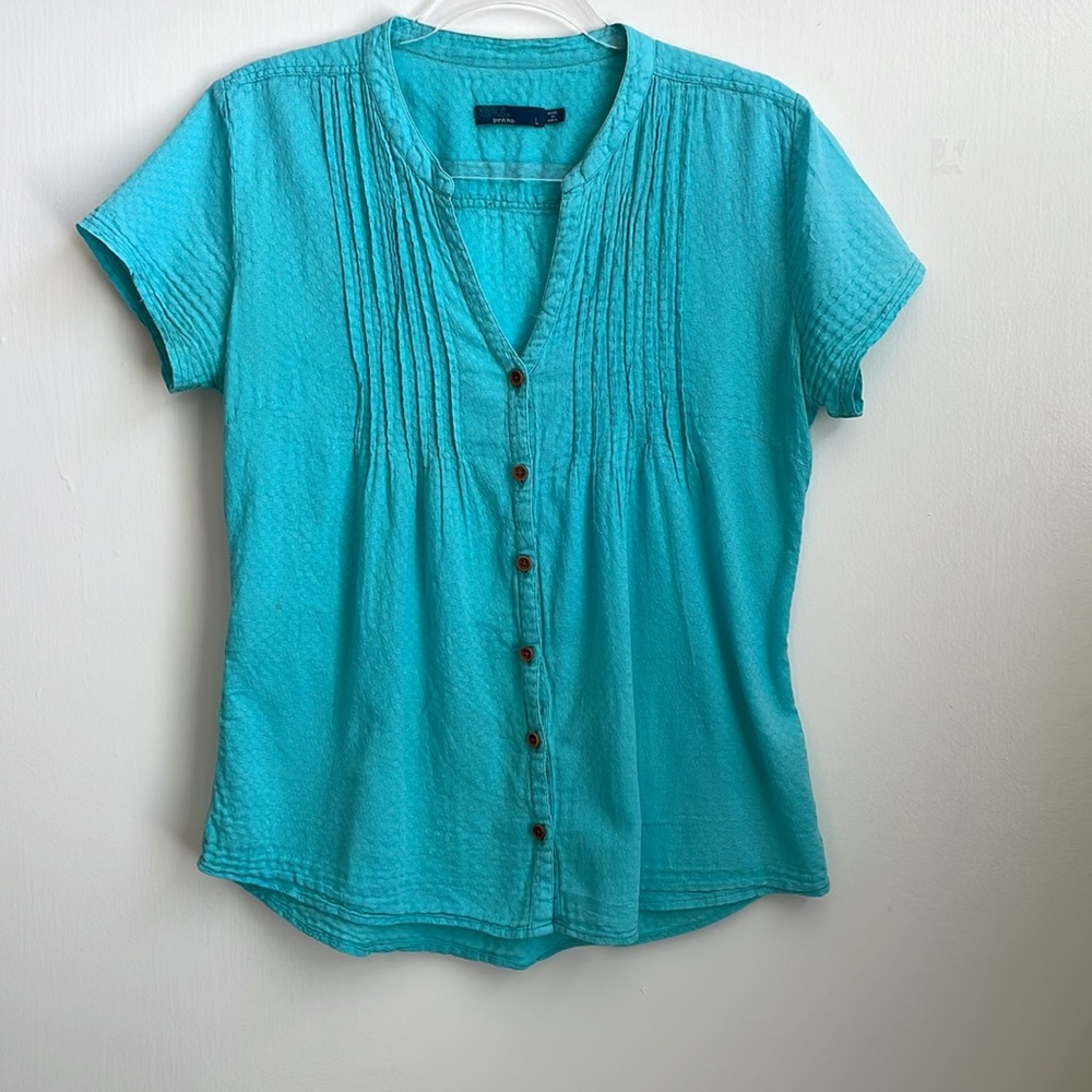 Prana - Teal Pleated Button Up Organic Top